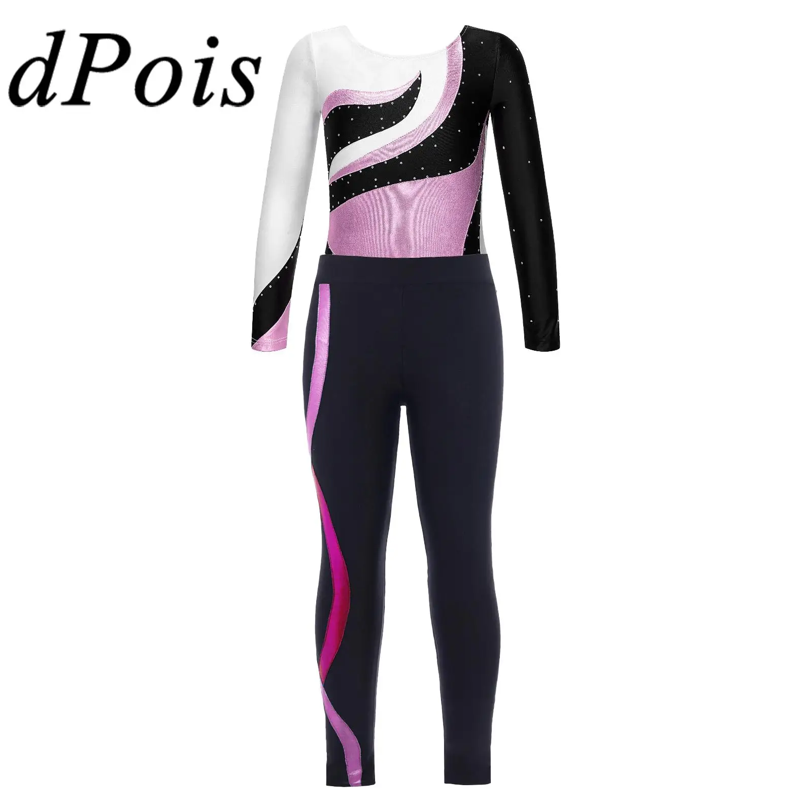 

Детское балетное танцевальное трико с длинными рукавами и брюками, комбинезон для гимнастики для девочек, блестящее детское боди Стразы для катания на коньках