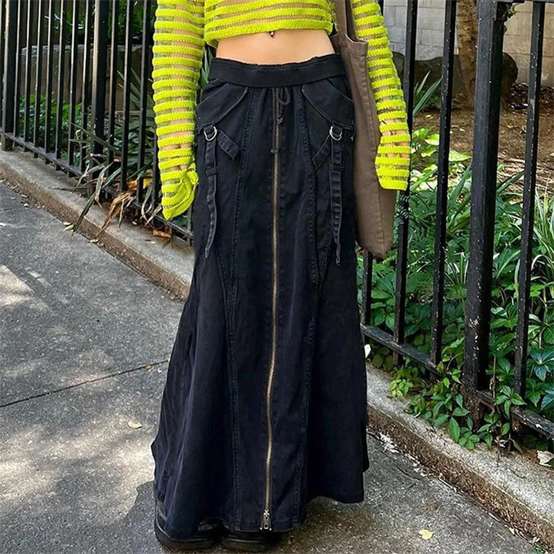 

Low Waist Vintage Fashion Long Skirts Women Solid Straps Decor Front Drawstring Zipper Skirt Women Y2K Punk Street Style Bottoms