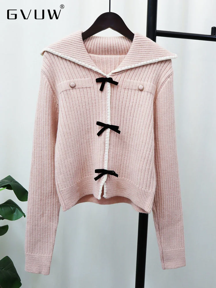 

GVUW Handmade Bowknot Knitted Top For Women 2023 Autumn New Color Block Lapel Long Sleeve Cardigan Sweater Female Trend 17G2304