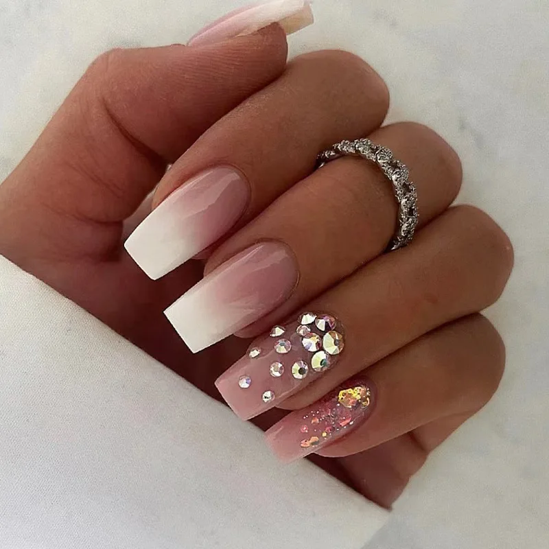 

Shiny Rhinestones Glitter Powder Pink White Gradient Wearable Sequins T-shaped Fake Nail Finished False Art Nails Glue Bar Party