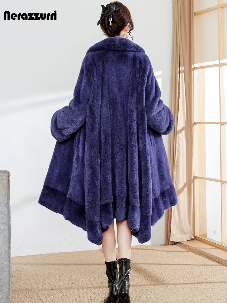 

Nerazzurri Winter Long Asymmetrical Thick Warm Fluffy Skirted Real Mink Fur Coat Women Shawl Collar Luxury Elegant Fur Overcoat