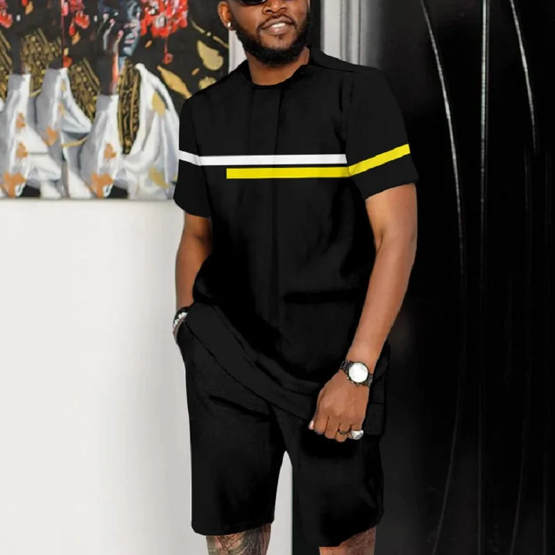 Summer Men T-shirts Set Geometric Pattern Beach Tracksuit Short Sleeved Pants 2 Piece Outdoor Streetwear Casual Man Clothing 6XL