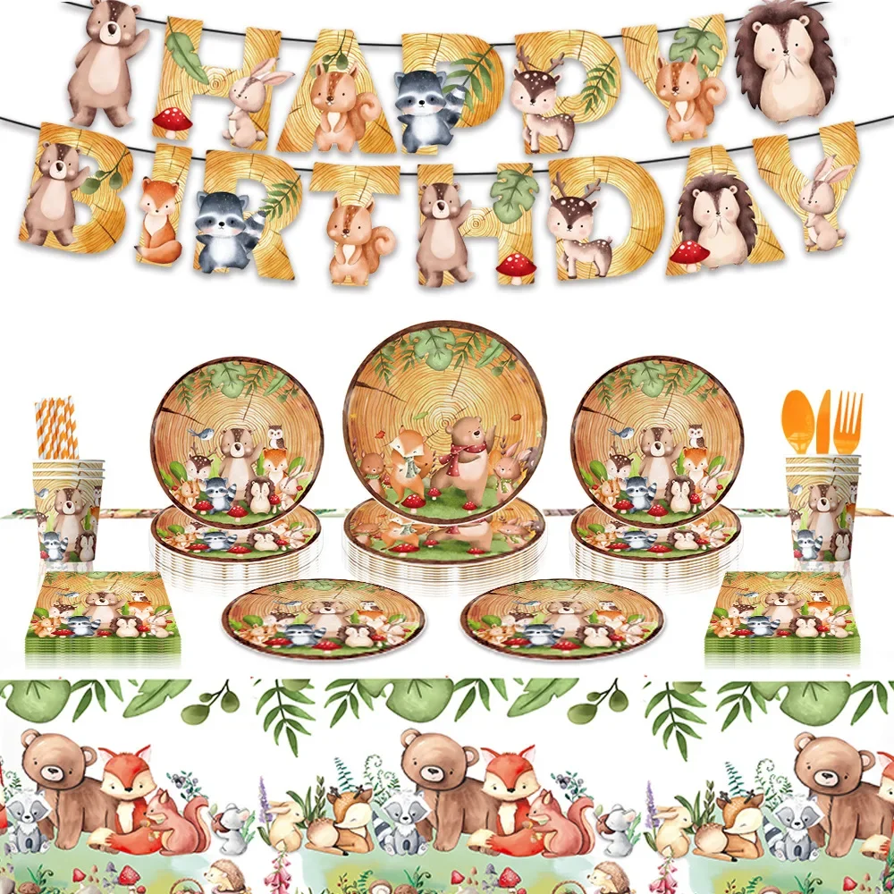 

Wood Grain Jungle Forest Zoo Theme Party Children's Birthday Tableware Banner Set Disposable Paper Cup Plate Tablecloth