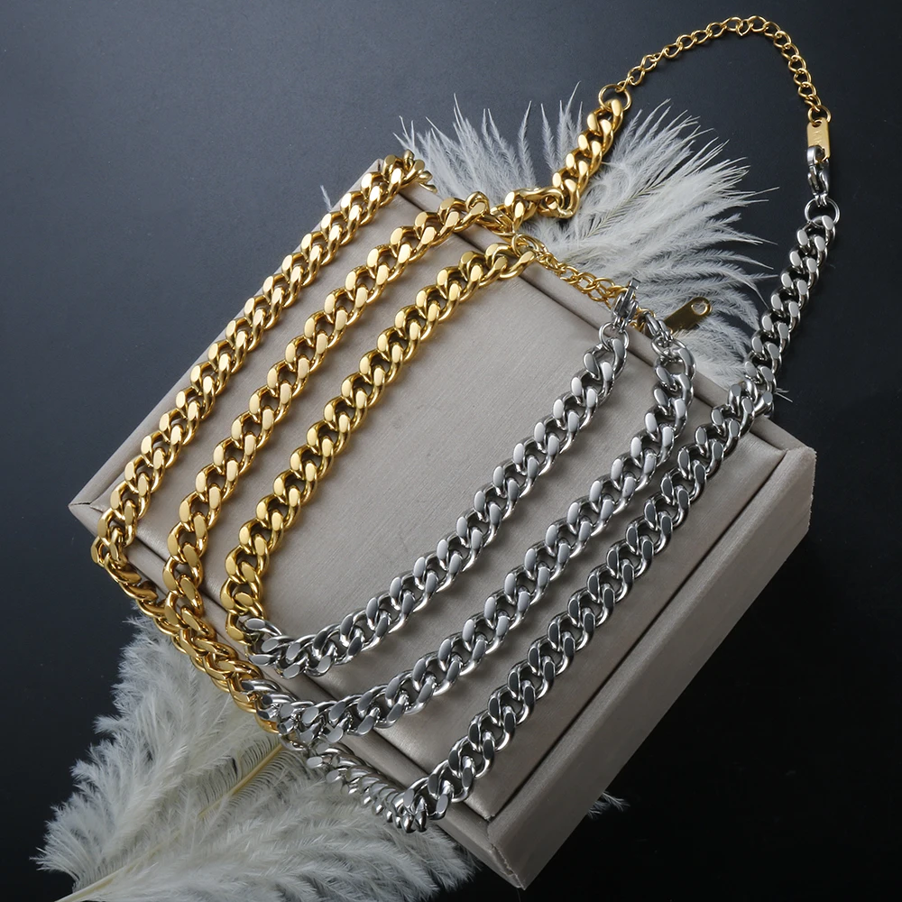 

ZMFashion Stainless Steel Punk Miami Cuban Bracelet Anklet Choker Necklace Women Men Big Chunky Double Color Elegant Jewelry