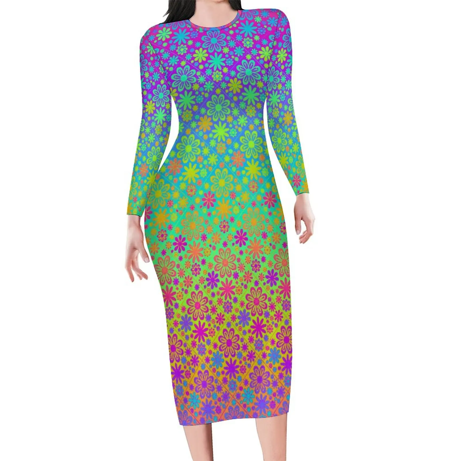 

Groovy Daisy Print Dress Long Sleeve Retro Ombre Pretty Dresses Autumn Female Aesthetic Custom Bodycon Dress Large Size