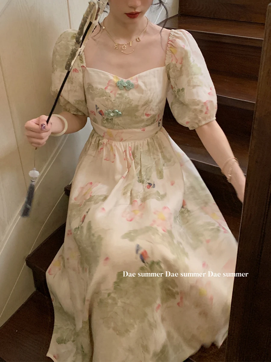 

Midi Dress Women Elegant Summer 2022 New French Square Collar Fashion Casual Lady Vestidos Vintage Print Dresses Female Clothing