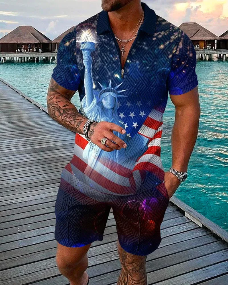 Summer Men's Polo Shirt Set  American Flag Print Zipper Short Sleeve Tracksuit Oversized 2 Piece Casual Polo Outfit Men Clothing