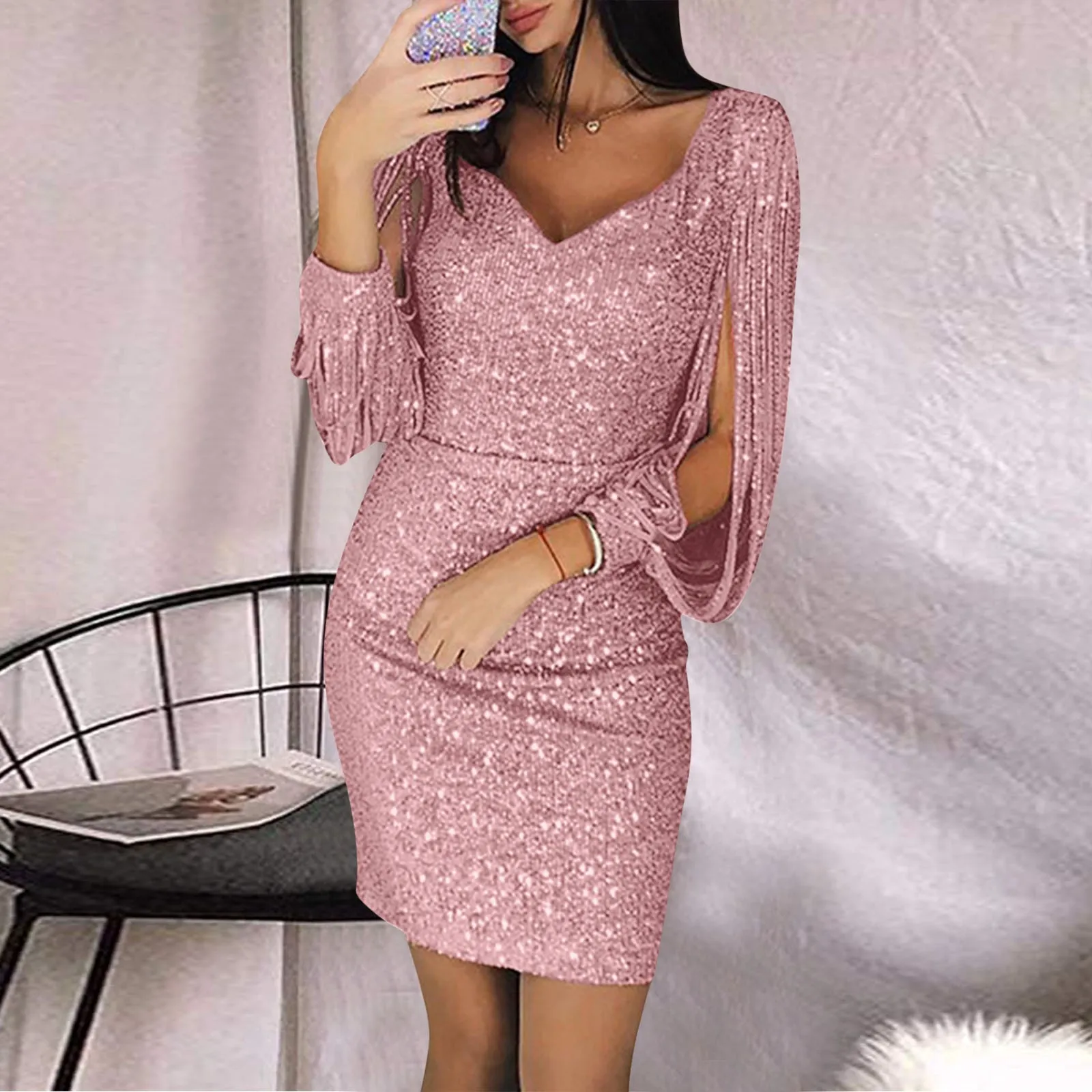 

Women Sequin Dress Glitter Sparkle Sexy Deep V Neck Short Dresses Above Knee Length Long Tassel Sleeve Sundresses