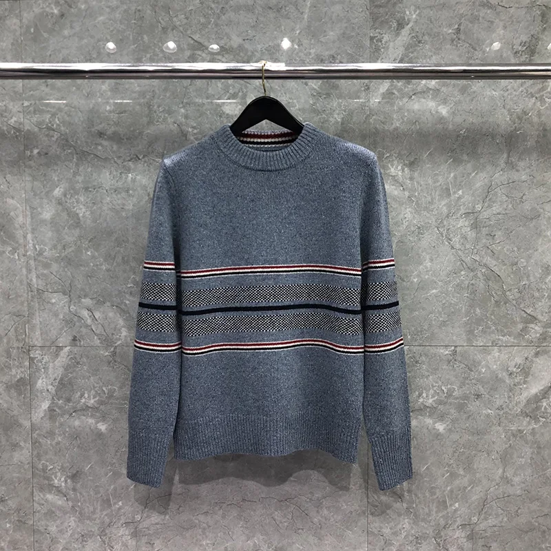 TB THOM Men's Sweaters Harajuku Knitted Pullover Korean Version Of O-neck Hem Striped Top Luxury Brand Coat Blue TB Sweater