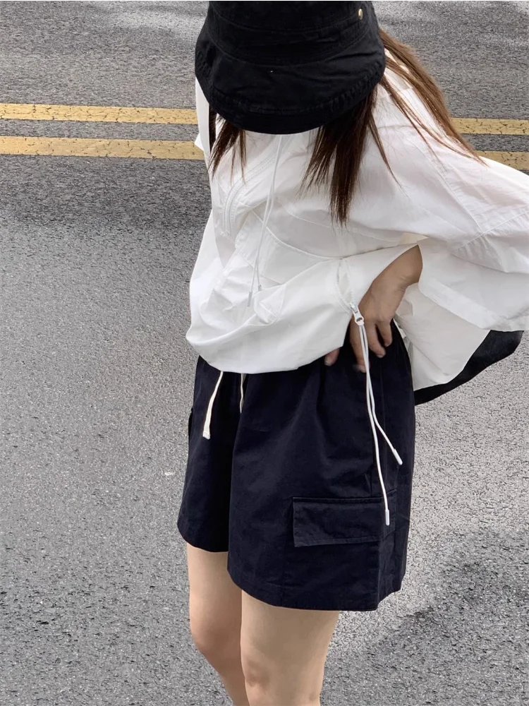HOUZHOU Cargo Shorts Women Vintage Japanese Style Casual Baggy Black White Short Pants High Waist Short Female Summer Streetwear