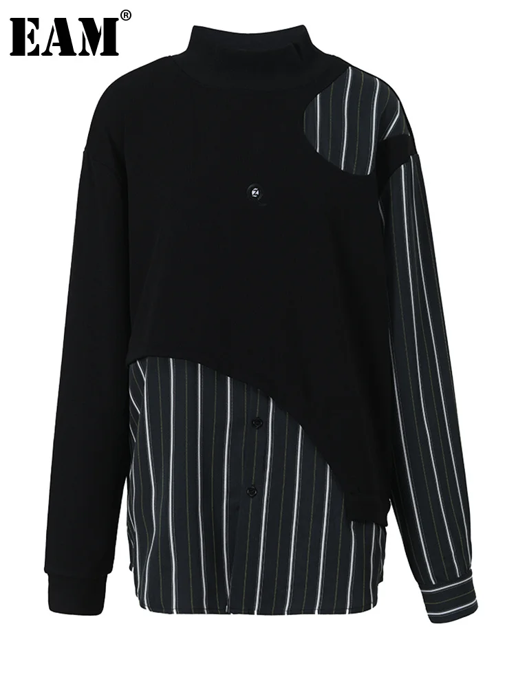 

[EAM] Loose Fit Black Striped Sweatshirt New Turtleneck Long Sleeve Women Big Size Fashion Tide Spring Autumn 2023 1DF4395