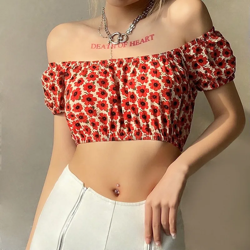 

Vintage Y2k Girls Summer Floral Women Mini Top Streetwear Fashion Off The Shoulder Gorgeous Flowers Printed Crop Top Streetwear