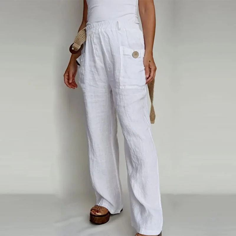 

2022 Autumn Winter Vintage Cotton Linen Trousers Women Casual Elastic Waist Long Pants New Harajuku Button Pocket Straight Pants