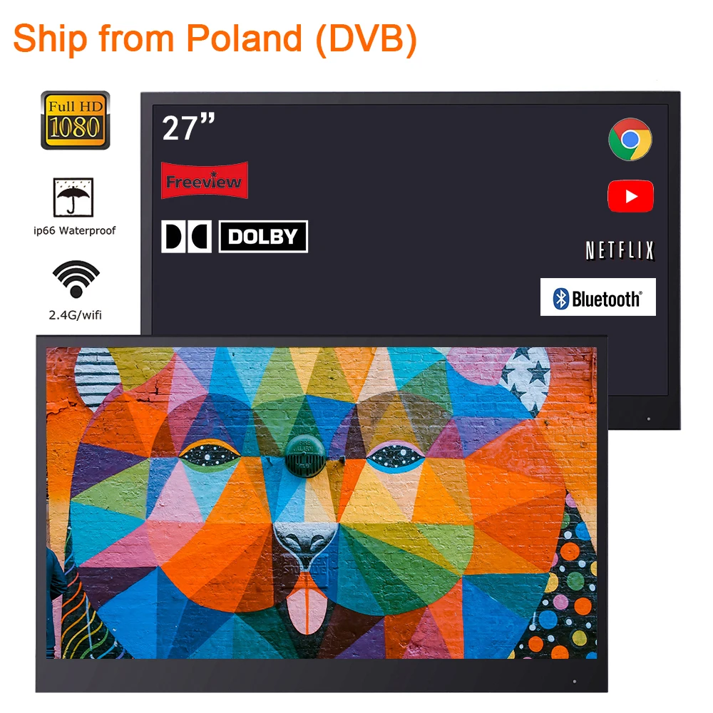 

Souria 27 inch Smart Black Waterproof LED Television for Bathroom TV Android DTV WiFi Hotel IP66 Warehouse in Europe Russia