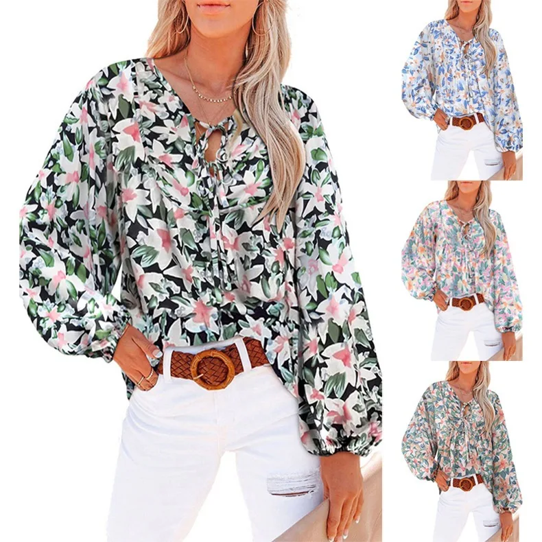 

Women's Fall New Floral Ruffle Blouse Tie V-Neck Casual Long Sleeve Top