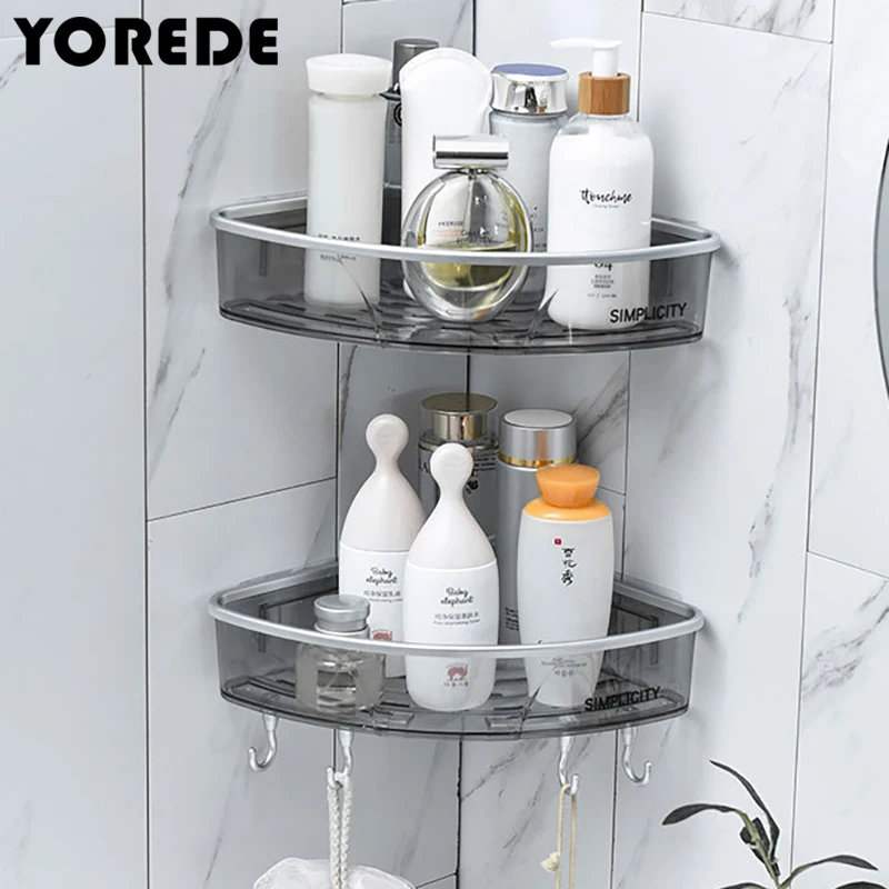 

YOREDE Bathroom Storage Rack With Hooks Corner Triangle Shelf Wall-Mounted Home Storage Organizer Kitchen Bathroom Accessories