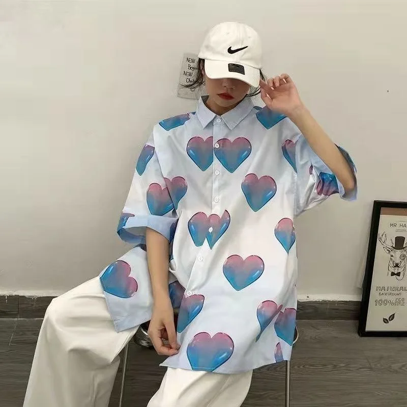 

Женская рубашка с градиентным принтом Love, свободные блузки большого размера, женские топы, Пляжная рубашка для отпуска, блузы в Корейском стиле, летние бойфренды