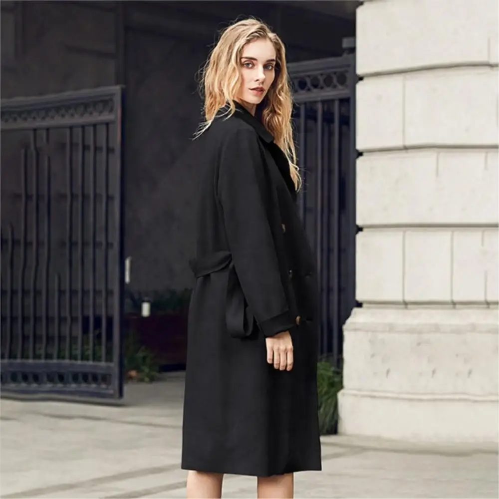 Women Winter Real Suede double-breasted Coat With Belted Pure Color Fashion Long Windbreaker Leisure Lapel Loose Jacket