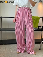hanorange 2022 summer vertical stripes high waist wide leg pants women loose thin fashion rolled trousers female redpurple