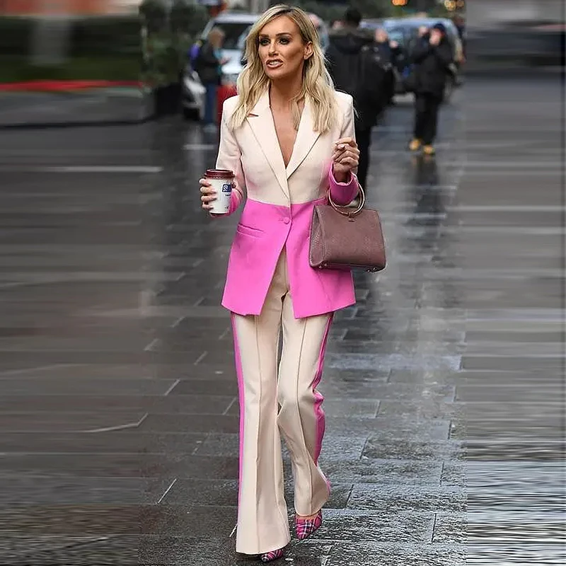 HIGH STREET Newest 2022 Designer Runway Suit Set Career Women Single Button Color Block Blazer Flare Pants Suit