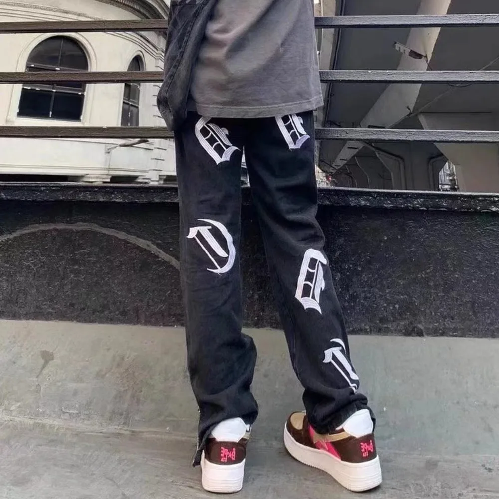Ropa Embroidered Letters Streetwear Men Hip Hop Baggy Jeans Pants Y2K Clothes Straight Loose Zipper Cuffs Goth Denim Trousers