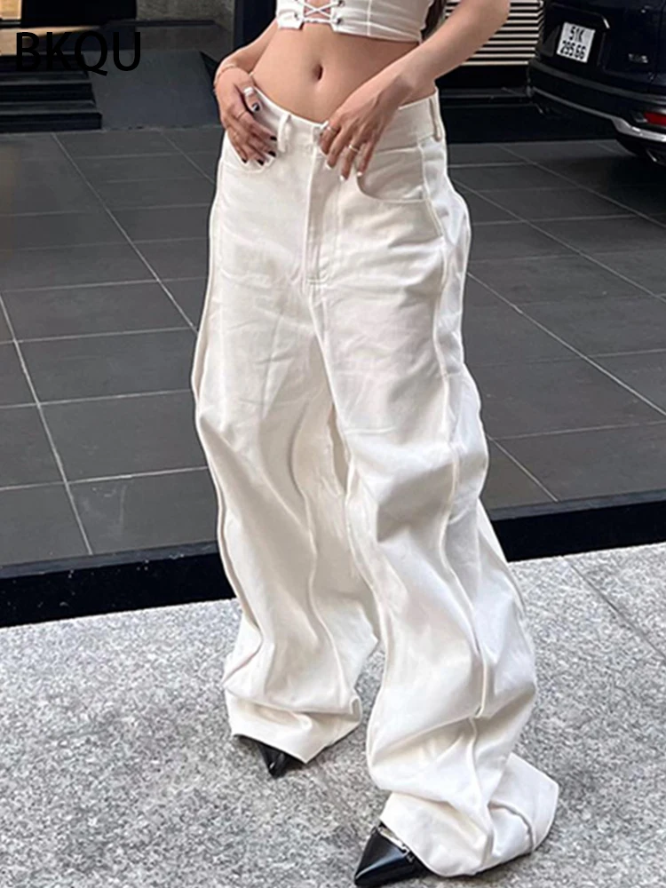 BKQU Women Jeans Low Waisted Wide Leg Pants Oversized 2023 Y2K Aesthetics Solid Loose Patchwork Denim Trousers Female Streetwear