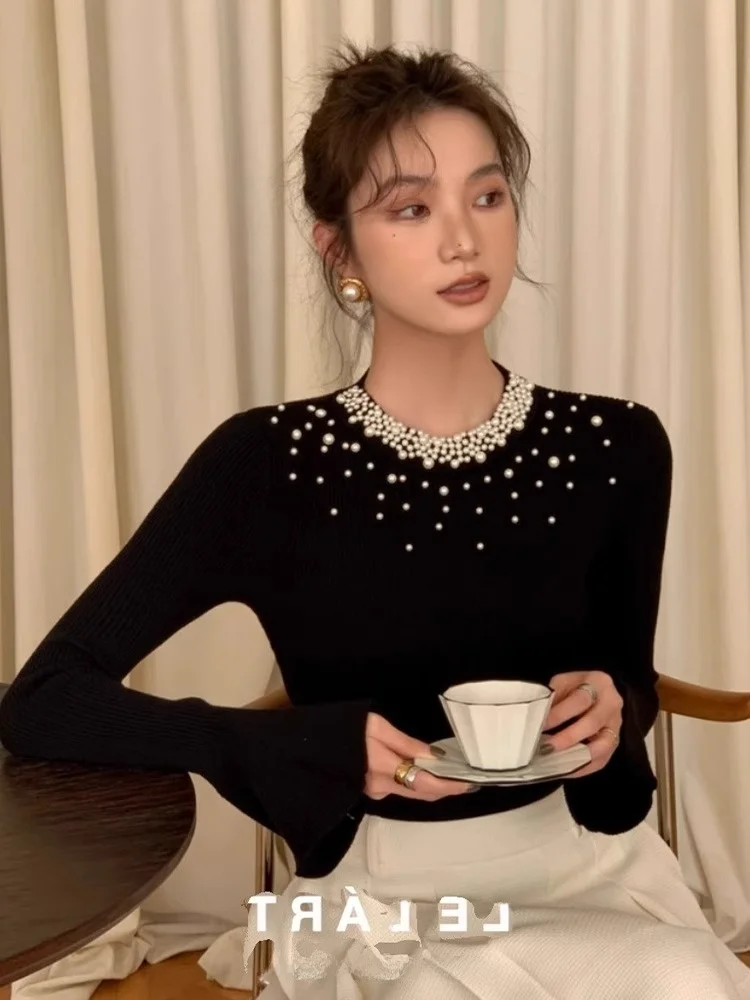 Легкий роскошный светский топ с бусинами Design Sense пуловер круглым вырезом вязаный