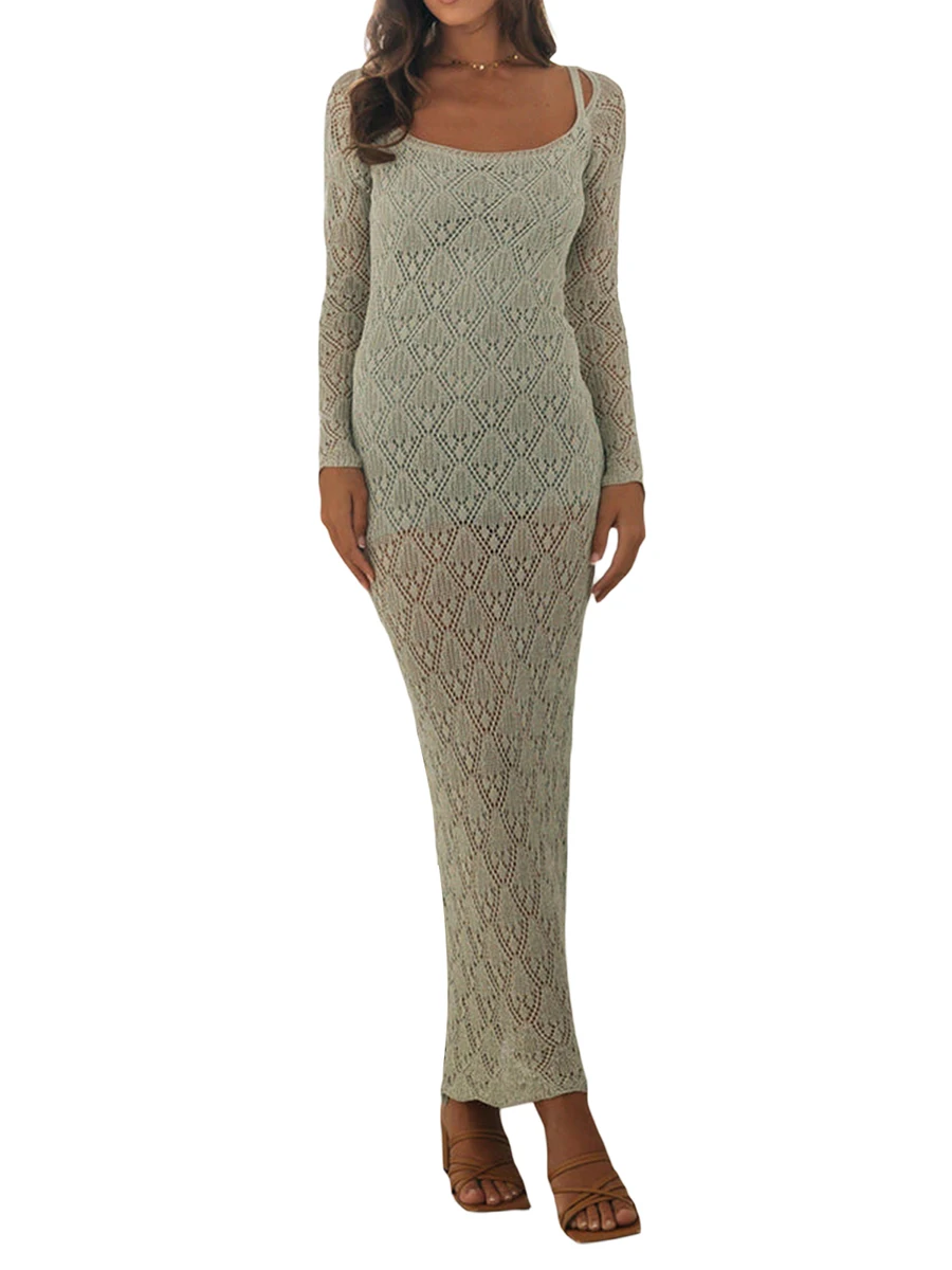 

Женское элегантное кружевное ажурное облегающее платье с U-образным вырезом и длинными рукавами-идеально подходит для осенних вечеринок с разрезом