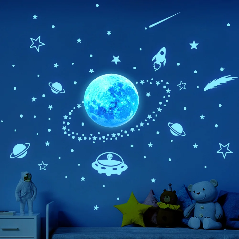 

Blue Green Light Planet Meteor Luminous Wall Stickers Glow In The Dark Stars Stickers Kids Room Bedroom Ceiling Home Decor Decal