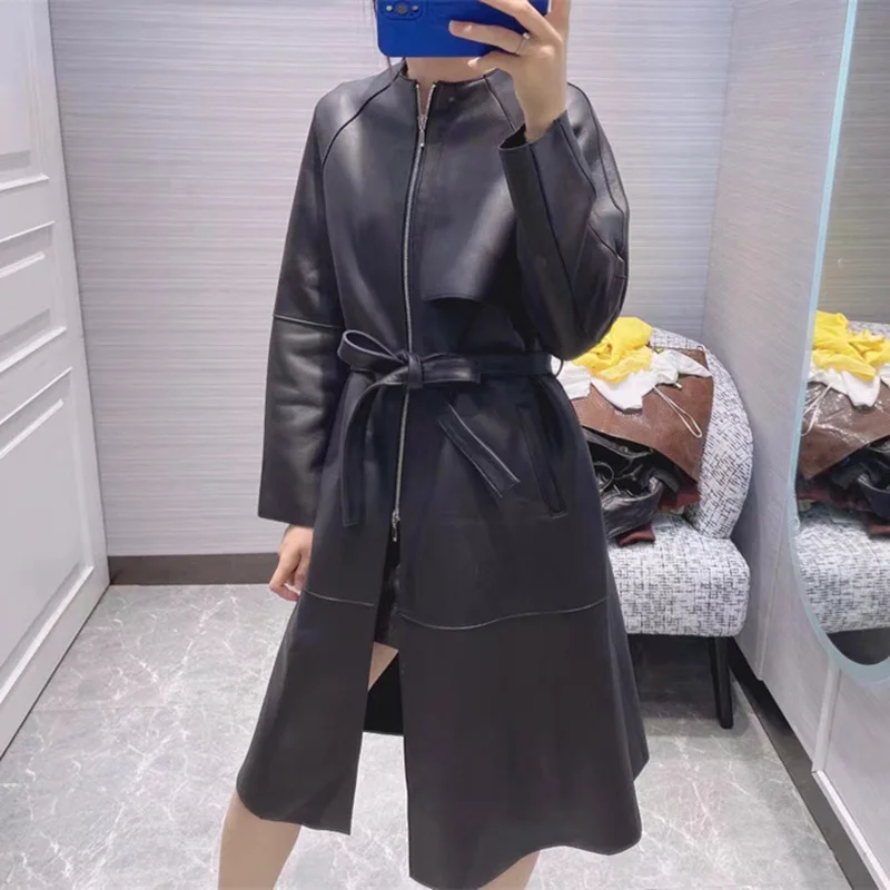 2022 New Women Leather Jacket Belt Solid Zipper Genuine Sheepskin Moto Long Trench Coats High Quality Fashion Streetwear AEL4940