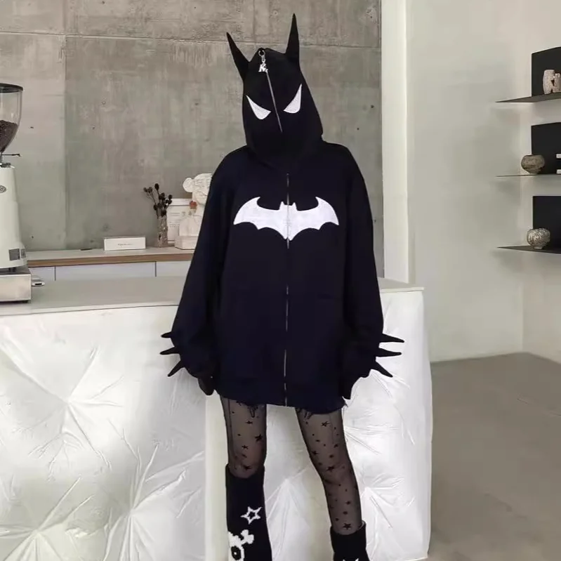 Y2K толстовка в стиле хип-хоп на молнии Харадзюку с принтом летучей мыши женская и