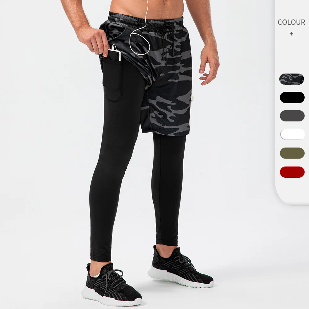 

Men's camouflage sports pants fake two-piece double-layer Multi Pocket high elastic speed dry sweat wicking leisure fitness