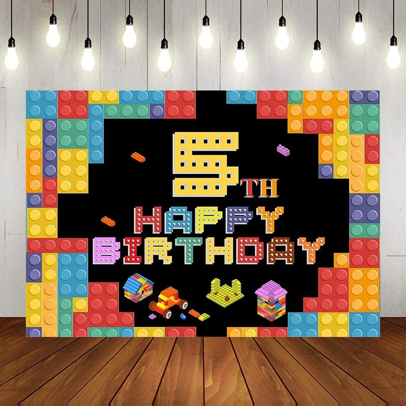 Happy 5th Birthday Banner Backdrop Colorful Building Blocks Theme Background Five Years Old Decorations Kids Photography Part