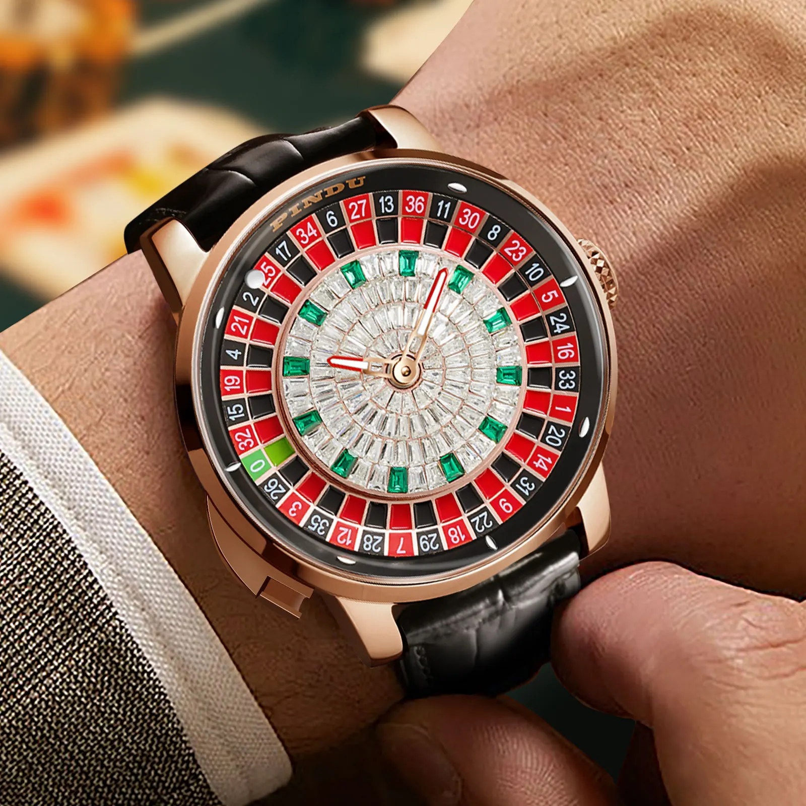 Фото Мужские механические часы PINDU Design New Push Button Turn Russian Roulette Game 46MM с механизмом NH35A, сапфировым стеклом и циферблатом с бриллиантами. №5