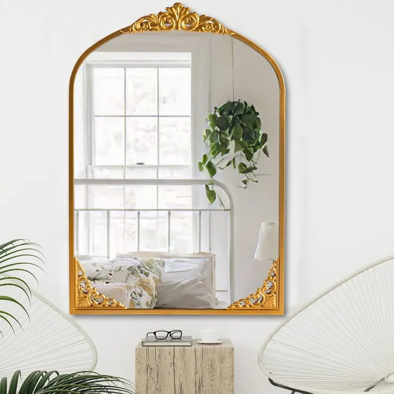 

Винтажное золотистое круглое подвесное металлическое зеркало для камина, настенное зеркало с аркой, декор в античном стиле, домашнее искусство, De