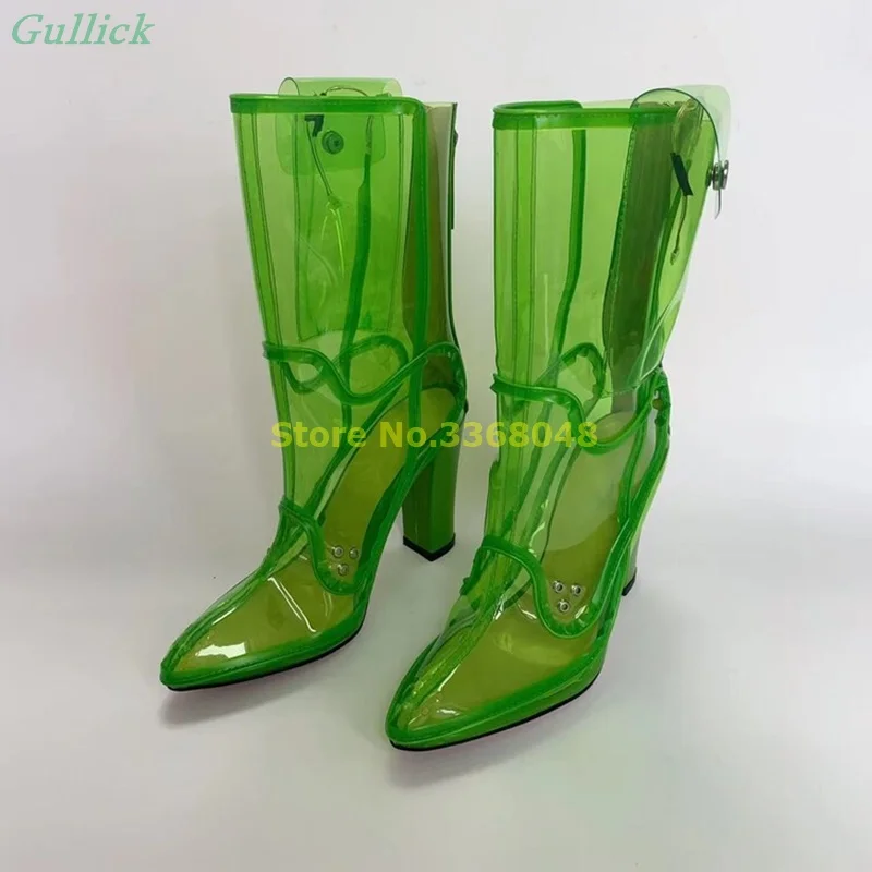 

Прозрачные ботильоны из ПВХ на блочном каблуке, ботинки с круглым носком на молнии сзади, зеленые, красные ботинки из ПВХ ручной работы с реальным рисунком