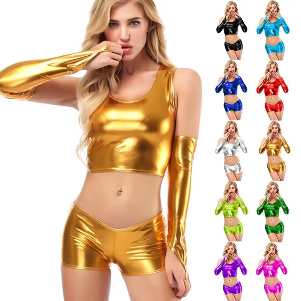 

Sexy Solid Color Sleeveless Fashion Underwear Women Crop Top Shorts Gloves Set