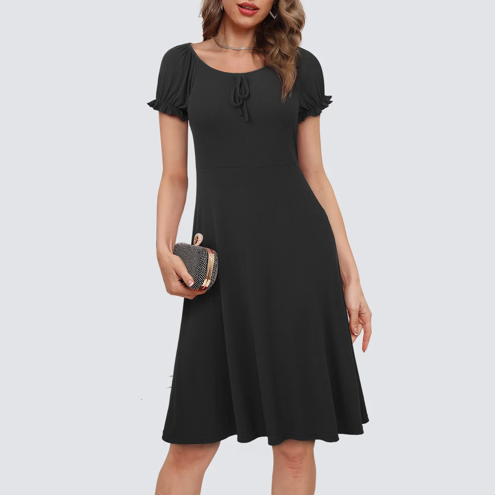 

Women Summer Charming Pure Color Scoop Neck Puff Sleeve Flowy Shift Ribbed Dress HA304
