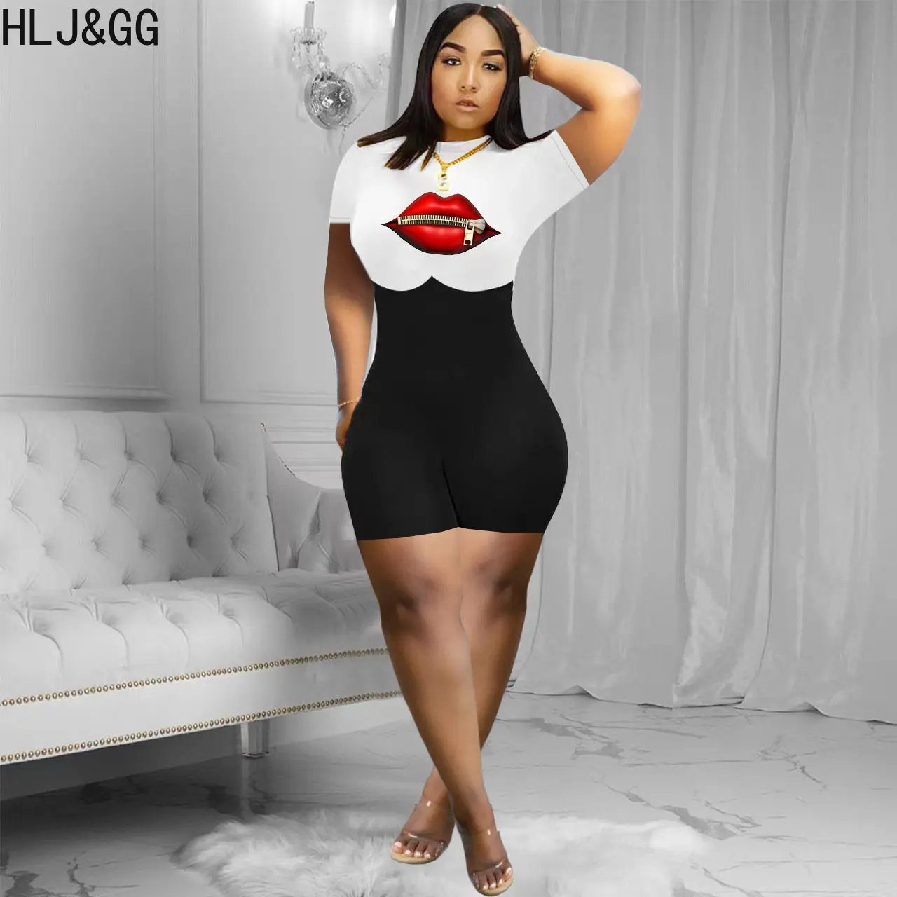 HLJ&GG Sexy Printing Bodycon Rompers Women Solid Color Round Neck Short Sleeve Jogger Shorts Jumpsuits Summer Sporty Playsuits