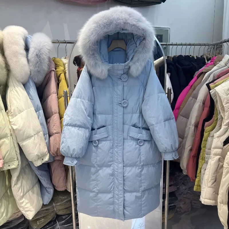 Зимний пуховик средний и длинный воротник из лисьего меха с капюшоном толстым