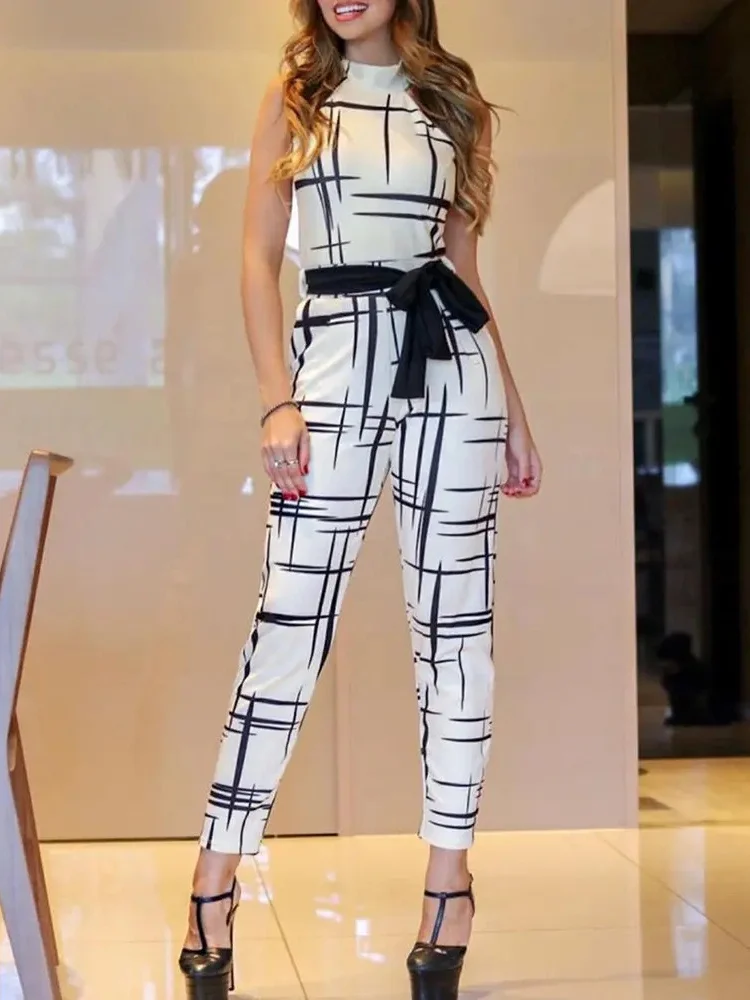

Mandylandy Women Summer Elegant Sleeveless Print Jumpsuit With Belt Fashion Female Y2K High Waist Corset Romper Skinny Overalls