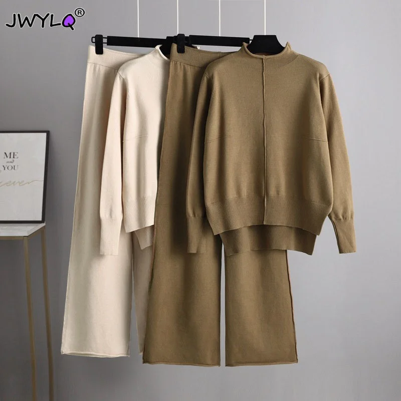 Winter Knitted Drape Wide Leg Two Piece Women Knit Sport Suits Women Elegant Suits Sweater Tracksuits Long Straight Pants Suits