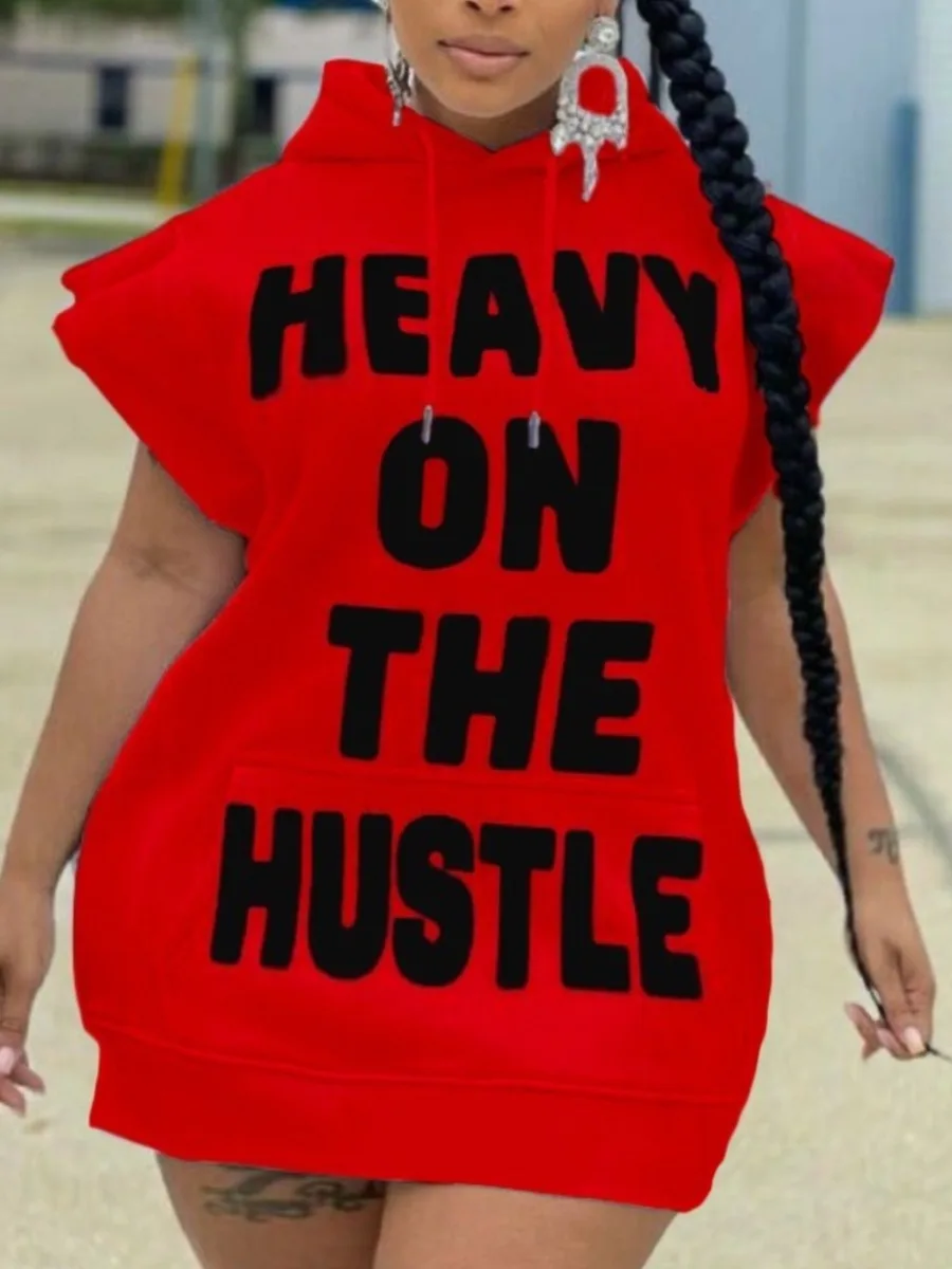 LW Plus Size Dresses Letter Print Kangaroo Pocket Sweat Dress 2023 NEW Fashion summer Dresses Hoodies sleeveless Dress