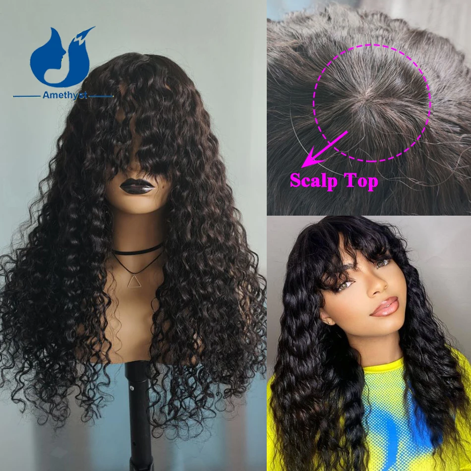 

Amethyst Long 180% Density Curly Full Machine Made Wig With Bangs Human Hair For Women None Lace Wig Natural Scalp Top Glueless
