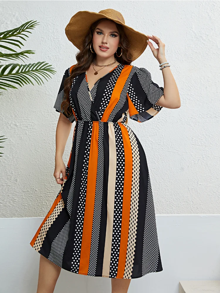 Summer paneled V-neck waist slim dress plus size outfits party dress