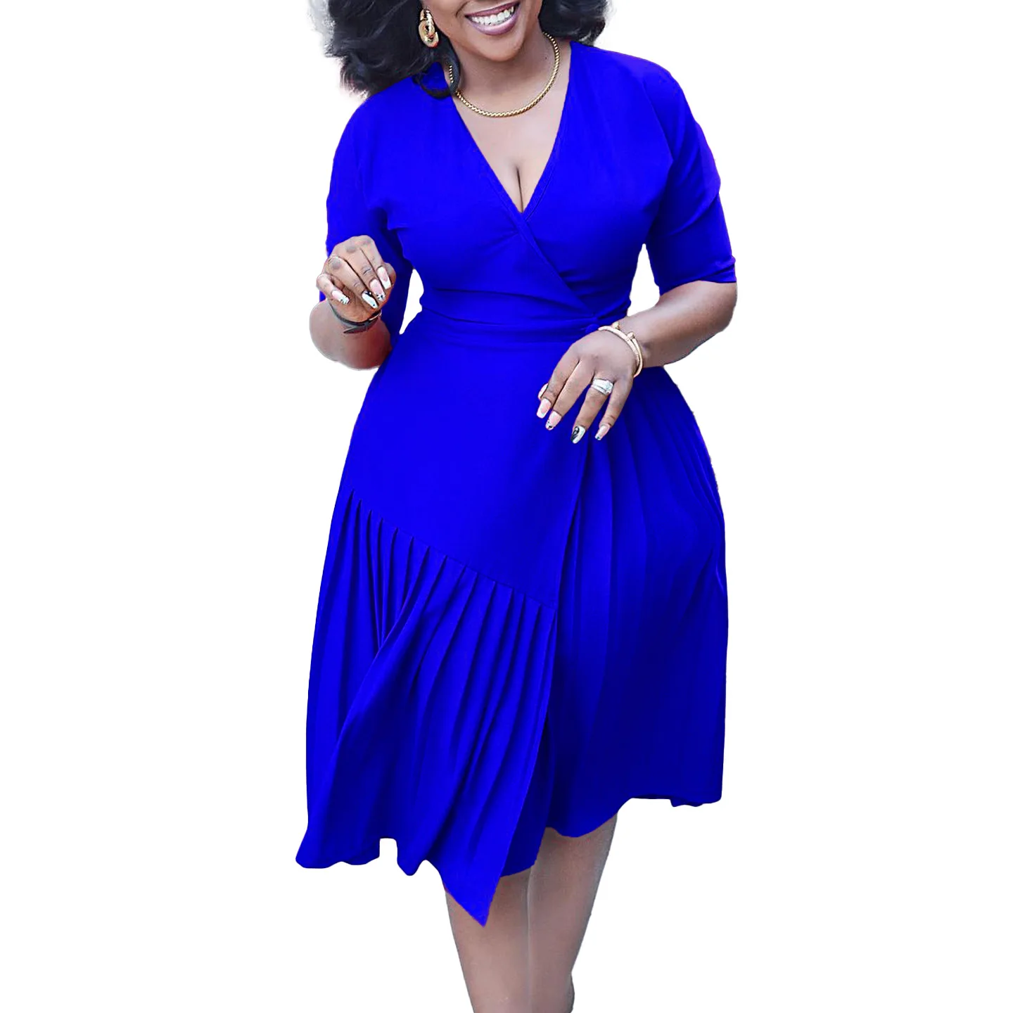 

Women Pleated Dresses High Waist Short Sleeves A Line Modest African Office Ladies Work Wear Date Elegant Classy Robes Vestidos