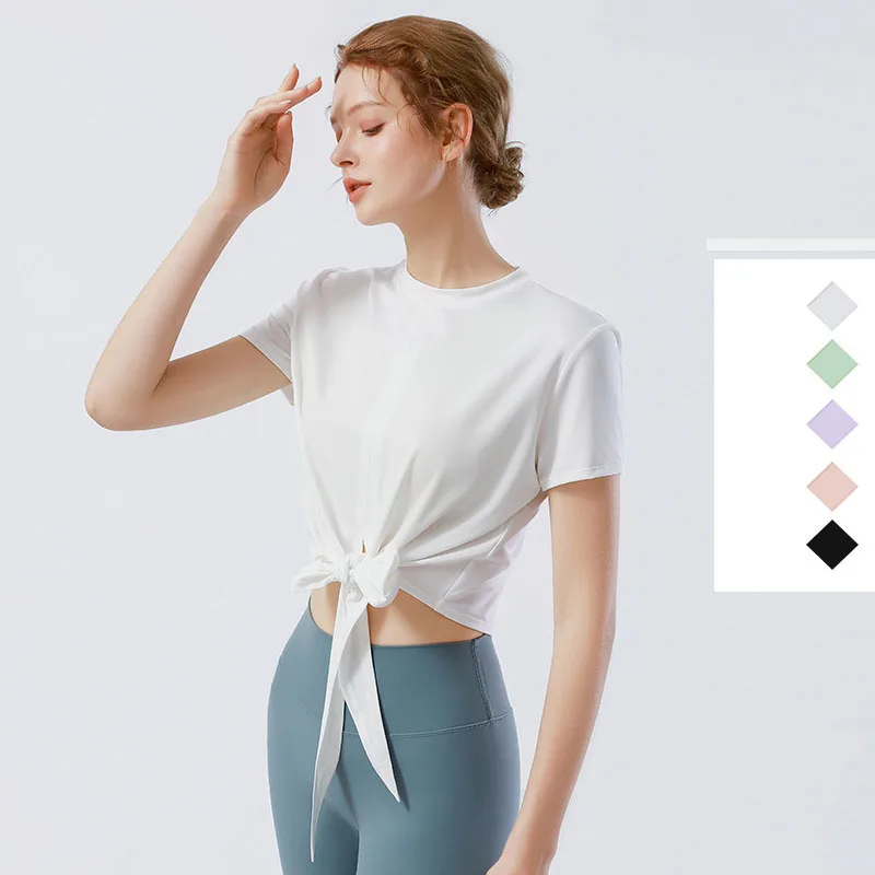 

Свободная и тонкая одежда для йоги с коротким рукавом светильник Топы на бретельках для фитнеса телесного цвета, футболка для йоги, женская ...