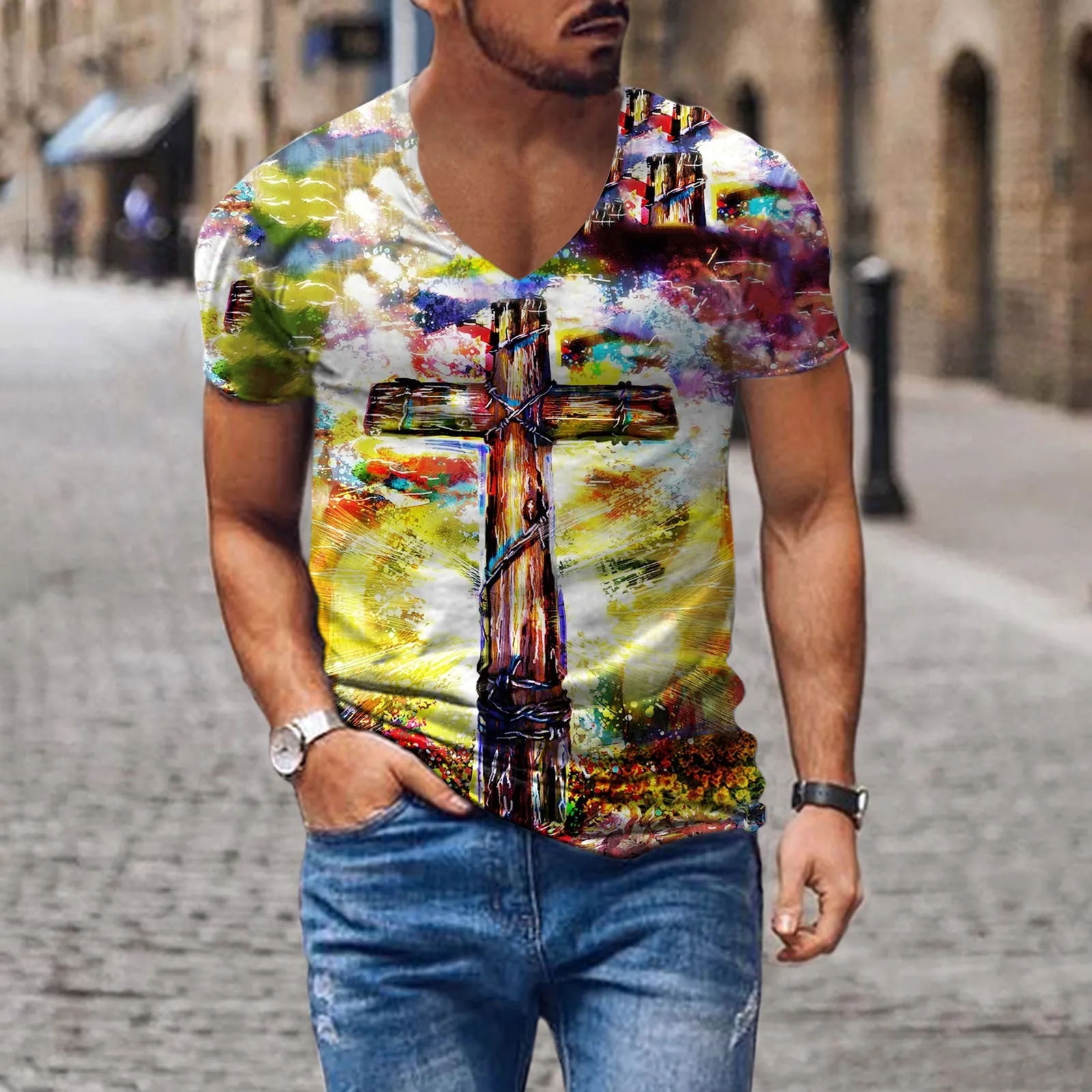 

Мужская футболка с длинным рукавом, V-образным вырезом и коротким рукавом