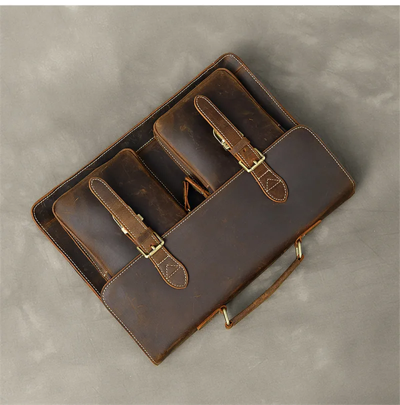 High quality natural crazy horse cowhide men briefcase brown handbag retro genuine leather lawyer laptop shoulder messenger bag