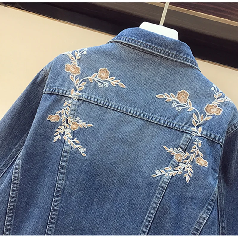 Spring Floral Embroidery Cropped Denim Jacket Designer Flower Jean Coat with Cotton Collar Women Korean Chi Basic Jeans Outwear - купить по
